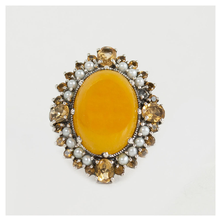 Vintage zilveren ring met grote steen met pareltjes