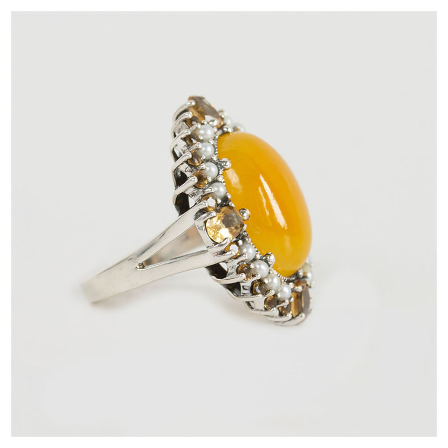 Vintage zilveren ring met grote steen met pareltjes