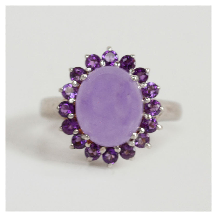 Vintage zilveren ring met lila amethist en kleine amethistjes