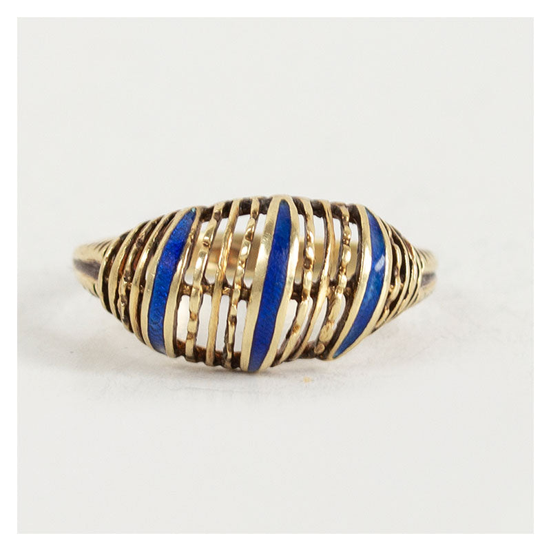 Vintage 14 karaat gouden croissantring met blauwe strepen
