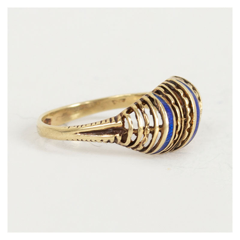 Vintage 14 karaat gouden croissantring met blauwe strepen