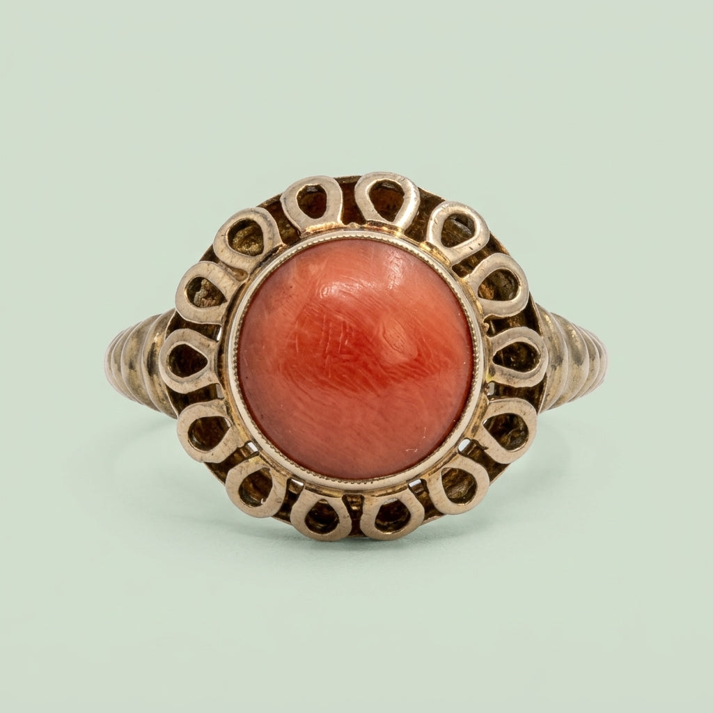 intage ring met ronde bloedkoraal - 8 karaat goud