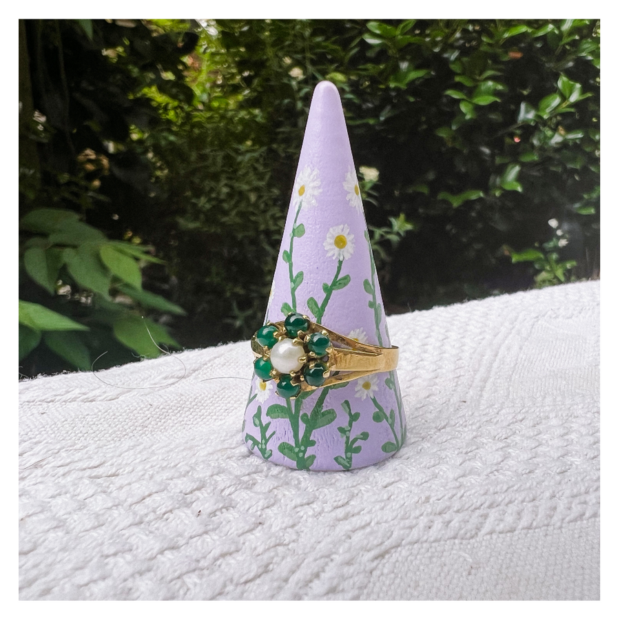 Vintage 14k gouden ring met parel en groene steentjes